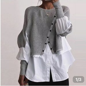 Gray knit white blouse twofer sweater